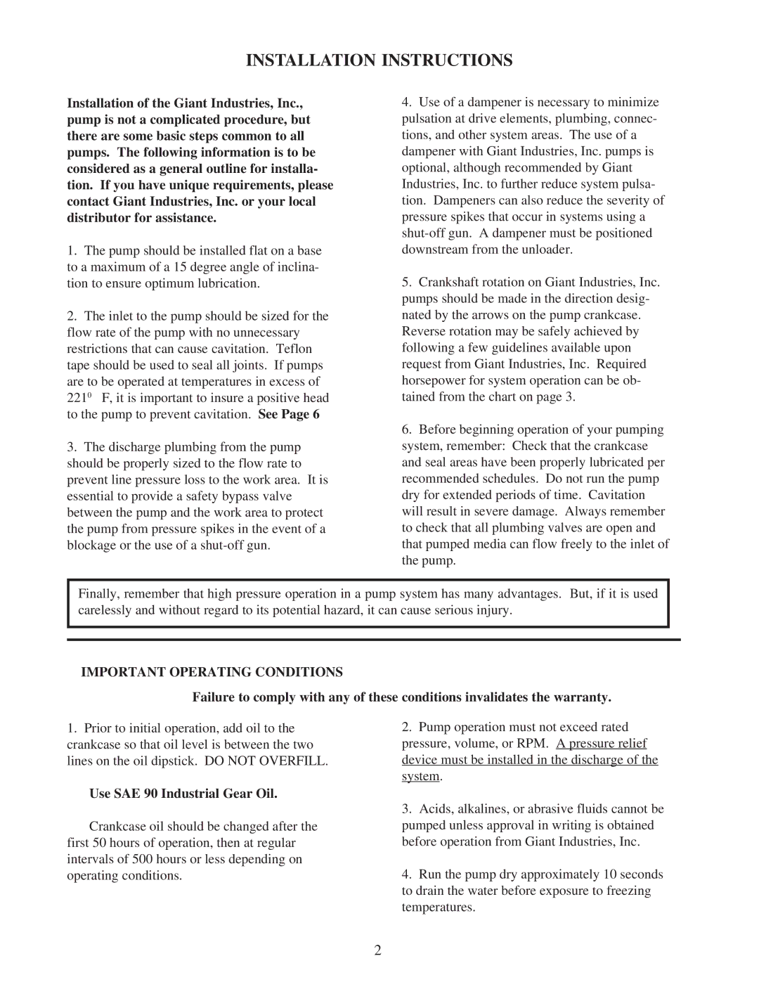 Giant LP121HT installation instructions Installation Instructions, Important Operating Conditions 