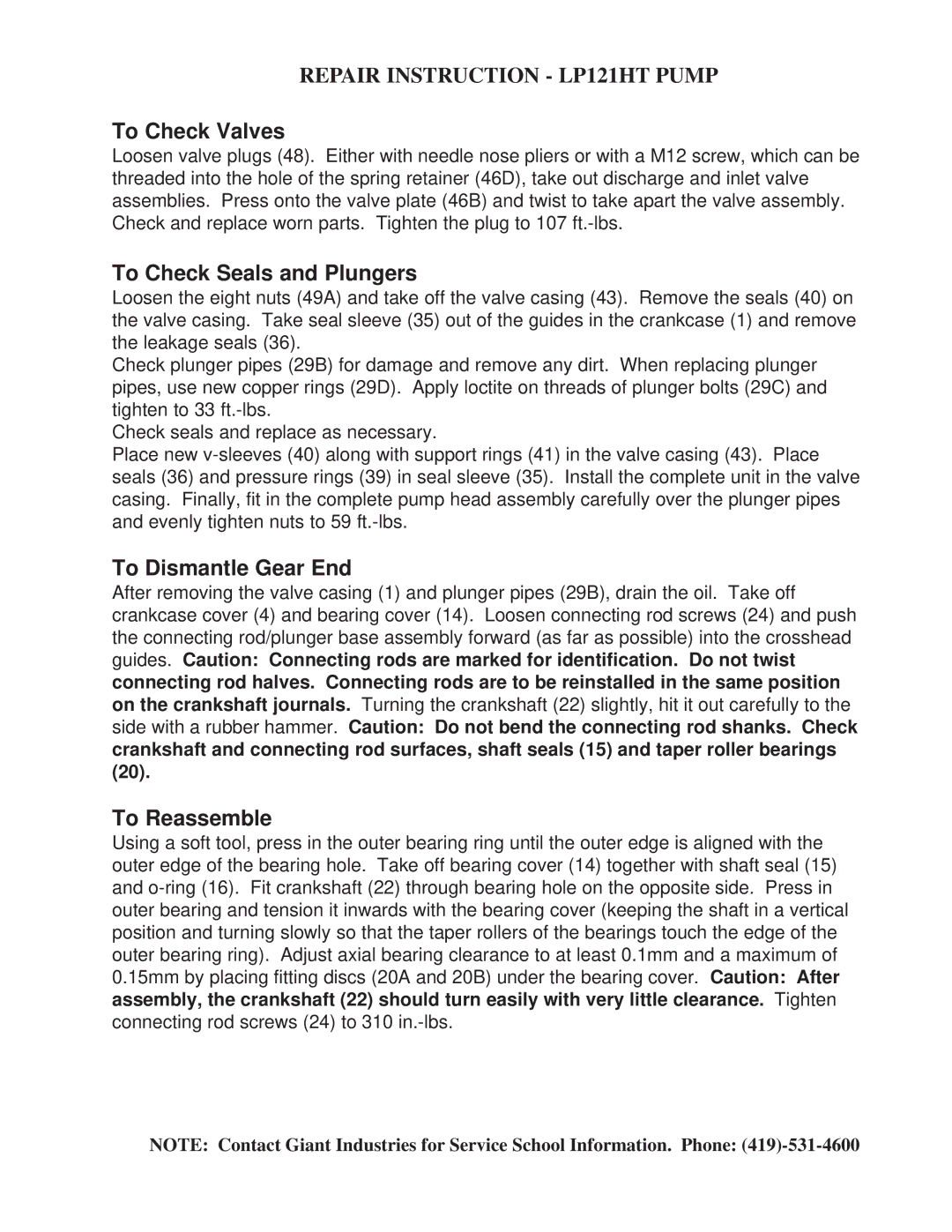 Giant Repair Instruction LP121HT Pump, To Check Valves, To Check Seals and Plungers, To Dismantle Gear End 