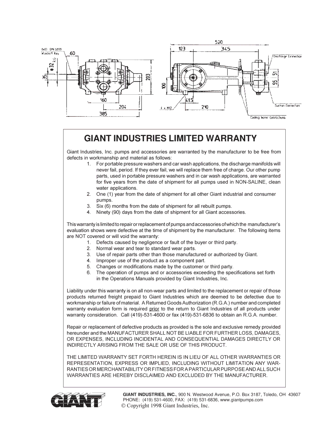 Giant LP121HT installation instructions Giant Industries Limited Warranty 