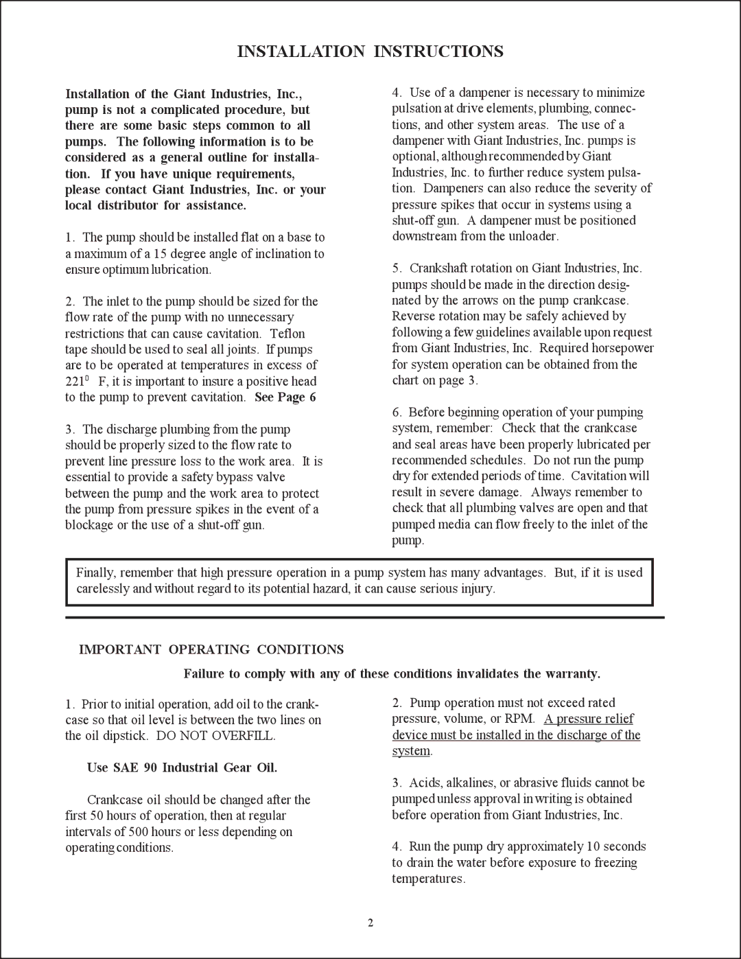 Giant LP121HT installation instructions Installation Instructions, Important Operating Conditions 