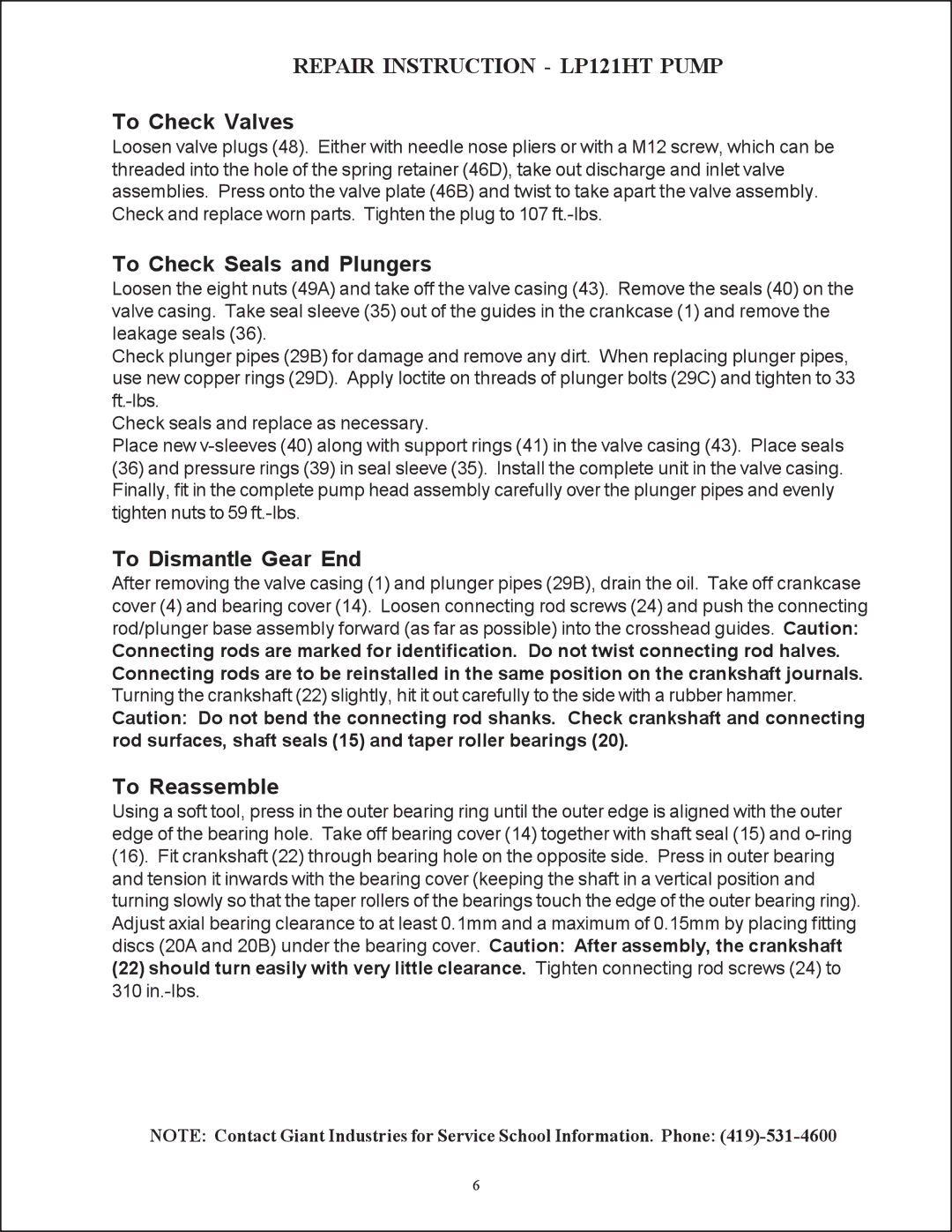 Giant Repair Instruction LP121HT Pump, To Check Valves, To Check Seals and Plungers, To Dismantle Gear End 
