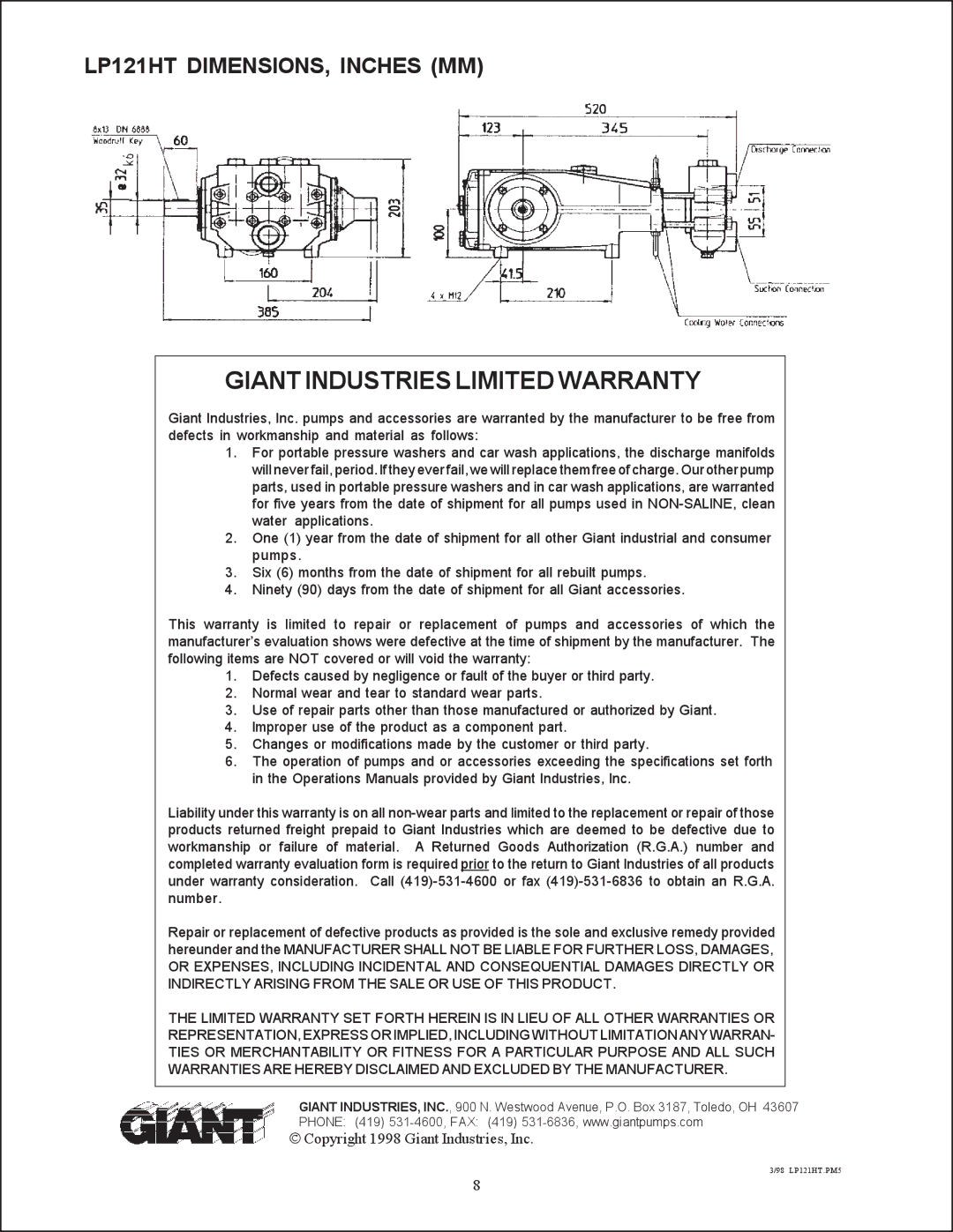 Giant installation instructions Giant Industries Limited Warranty, LP121HT DIMENSIONS, Inches MM 