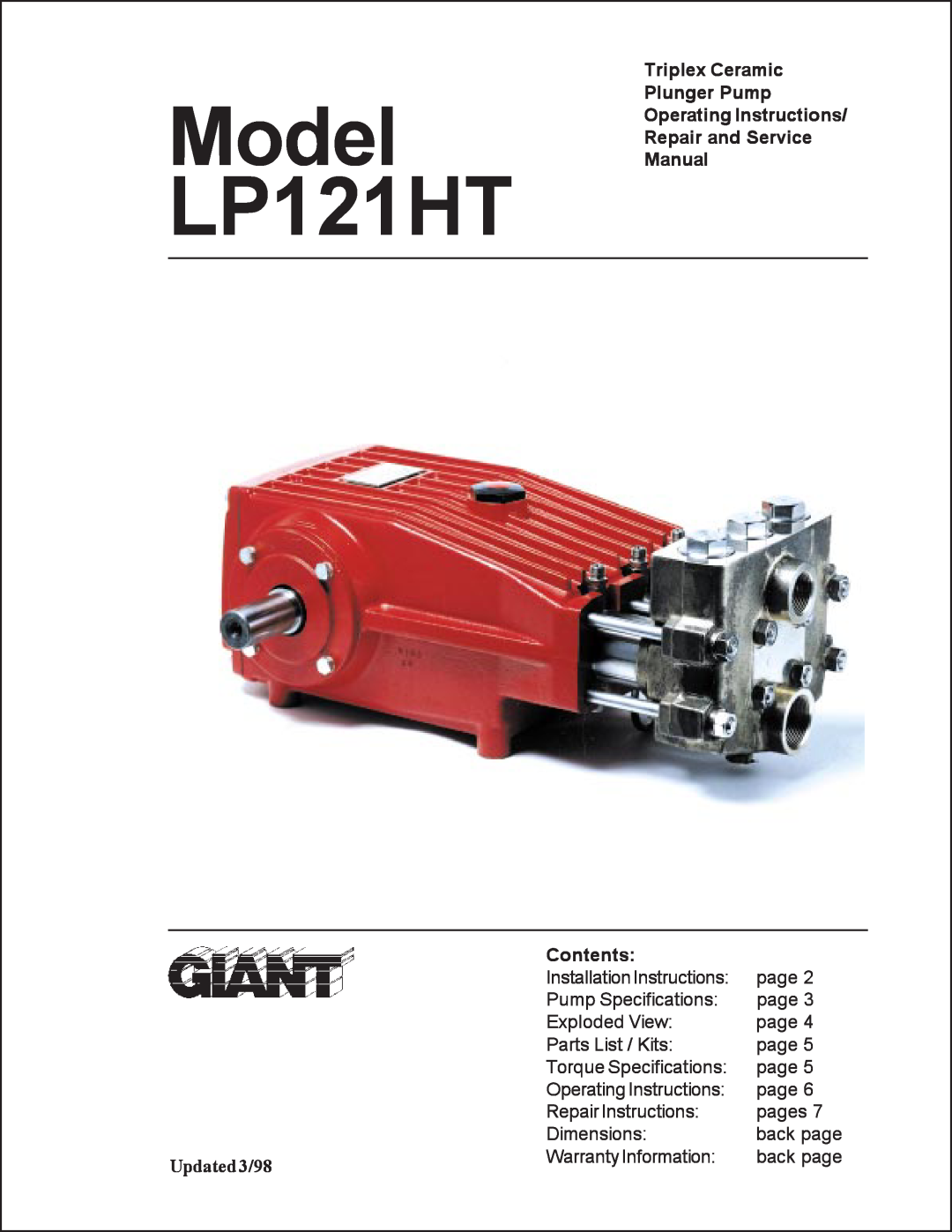 Giant installation instructions Model LP121HT, Triplex Ceramic Plunger Pump Operating Instructions, Contents 