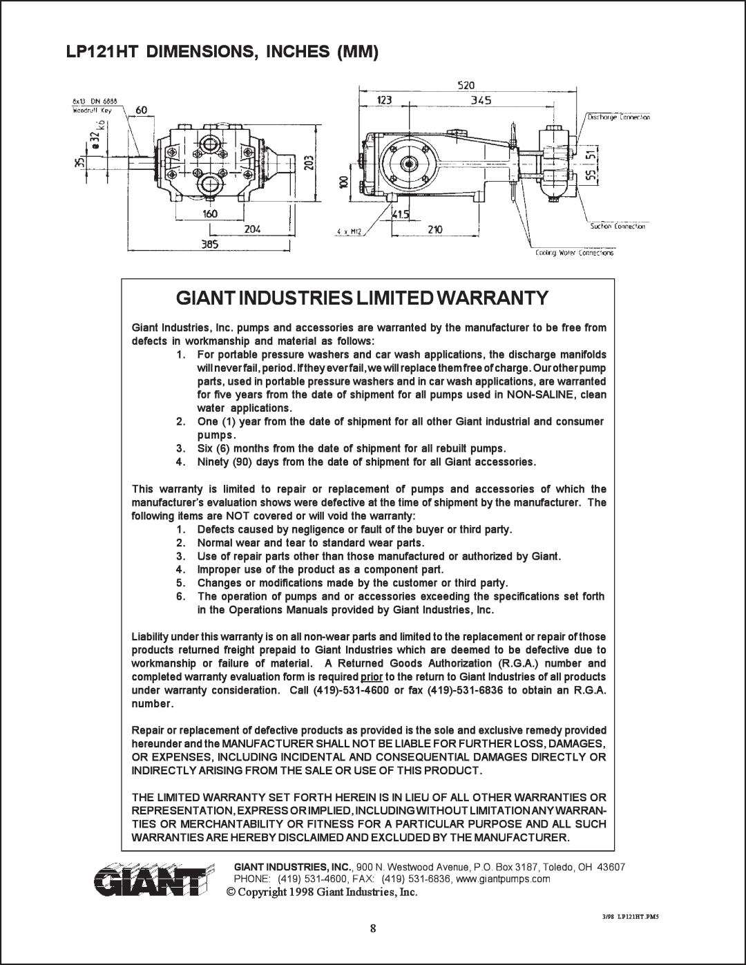 Giant installation instructions LP121HT DIMENSIONS, INCHES MM, Giant Industries Limited Warranty 