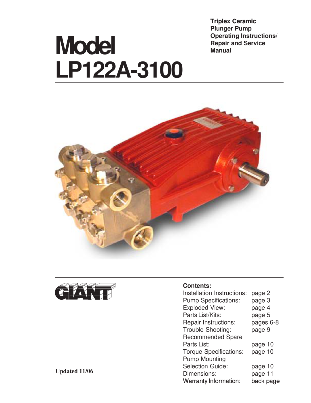 Giant LP122A-3100 operating instructions Triplex Ceramic Plunger Pump Operating Instructions, Repair and Service Manual 