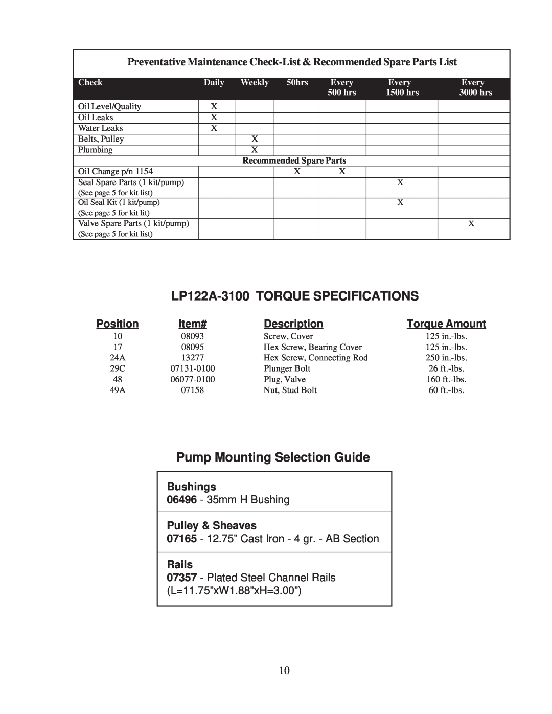 Giant LP122A-3100 TORQUE SPECIFICATIONS, Pump Mounting Selection Guide, Position, Item#, Description, Bushings, Rails 
