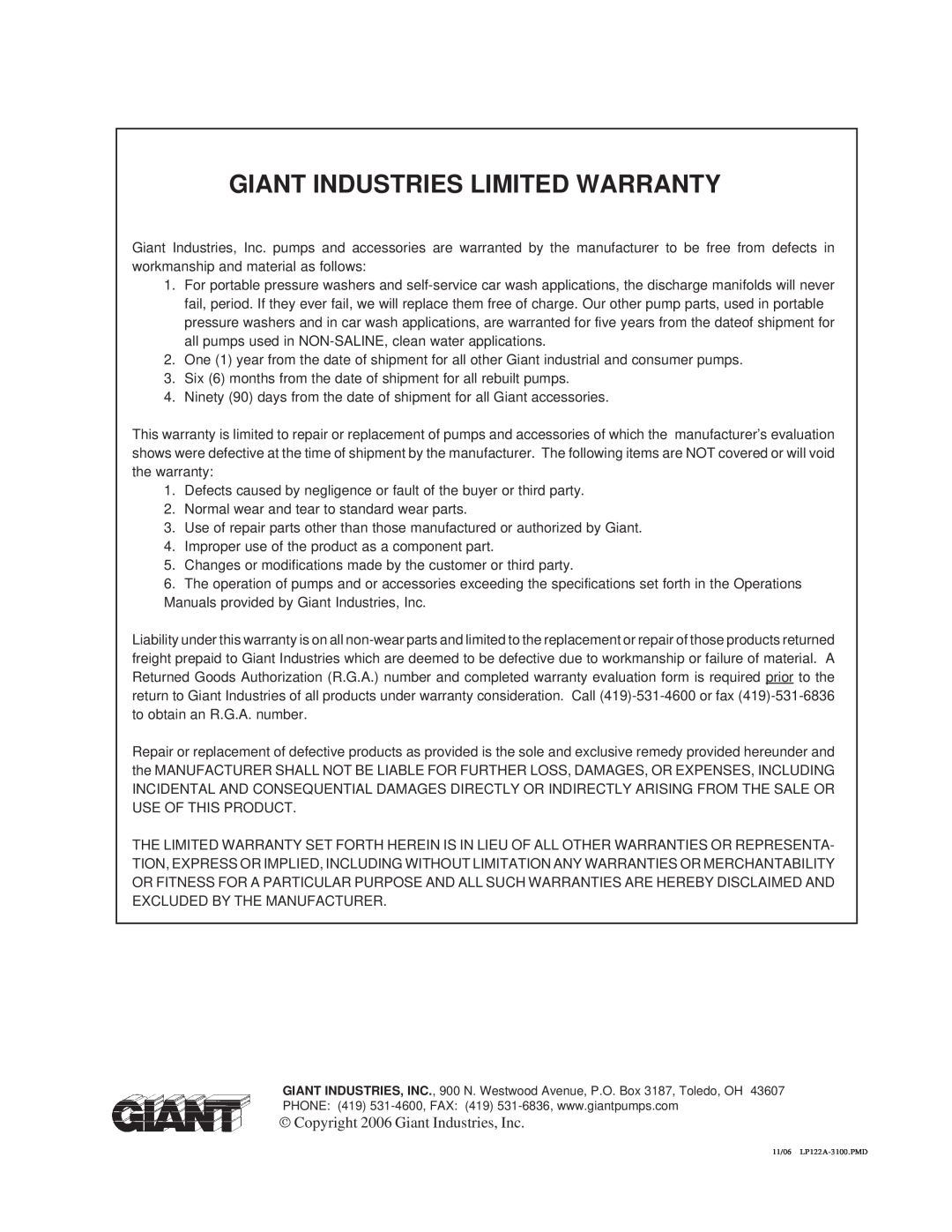 Giant LP122A-3100 operating instructions Giant Industries Limited Warranty,  Copyright 2006 Giant Industries, Inc 