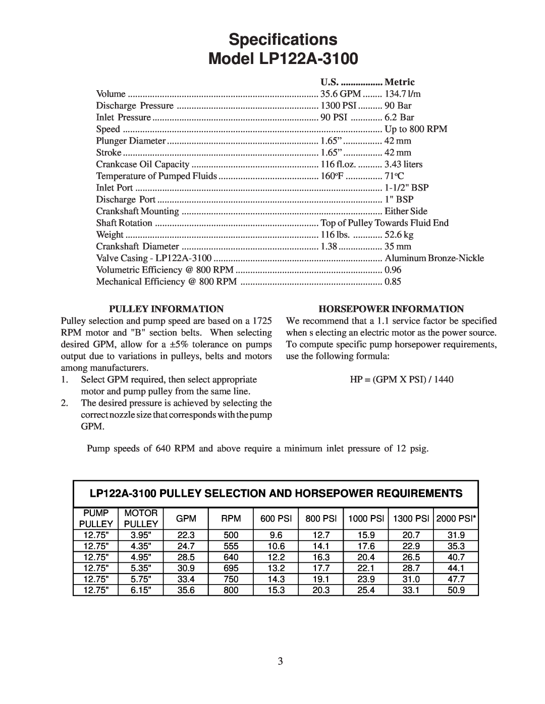 Giant Specifications Model LP122A-3100, LP122A-3100 PULLEY SELECTION AND HORSEPOWER REQUIREMENTS, Metric 