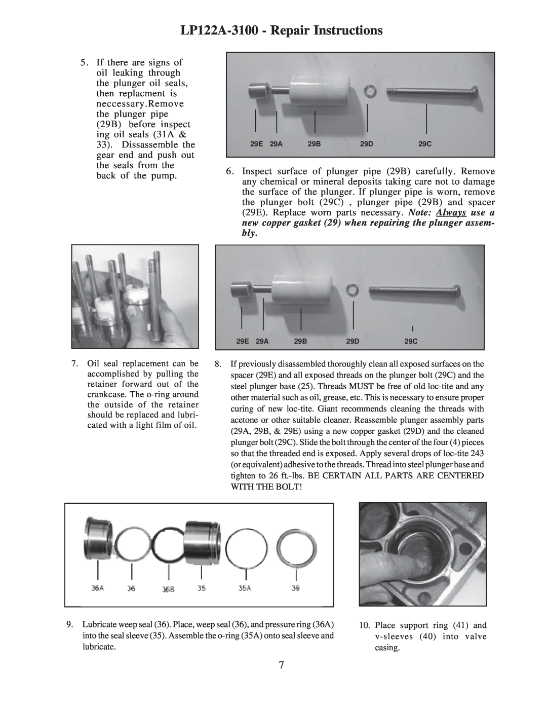 Giant LP122A-3100 - Repair Instructions, Lubricate weep seal 36. Place, weep seal 36, and pressure ring 36A 