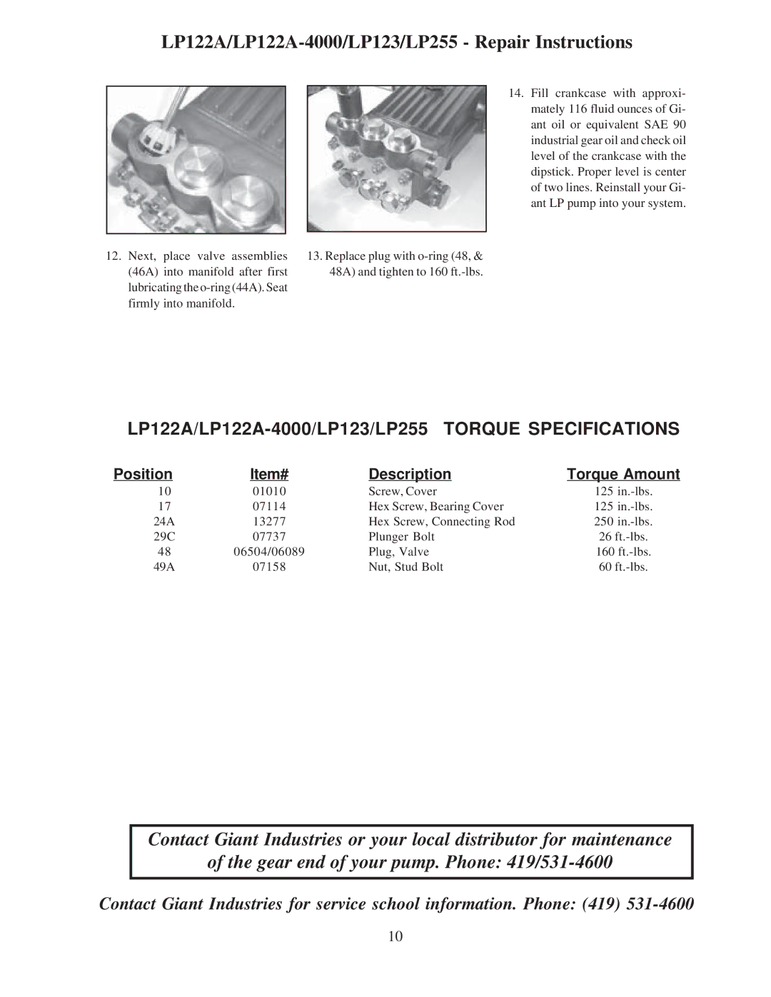 Giant operating instructions LP122A/LP122A-4000/LP123/LP255 Torque Specifications 