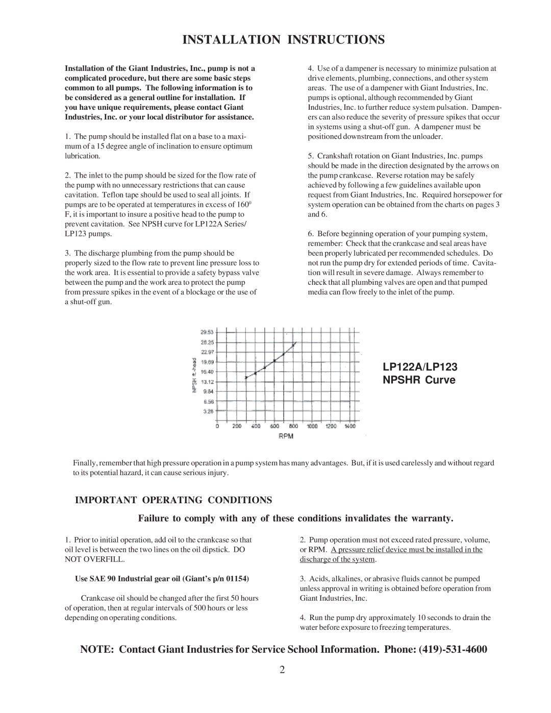 Giant LP122A operating instructions Installation Instructions, Important Operating Conditions 