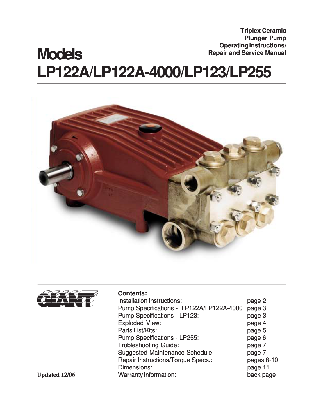 Giant LP122A operating instructions Triplex Ceramic Plunger Pump, Operating Instructions, Contents, Updated 12/06 