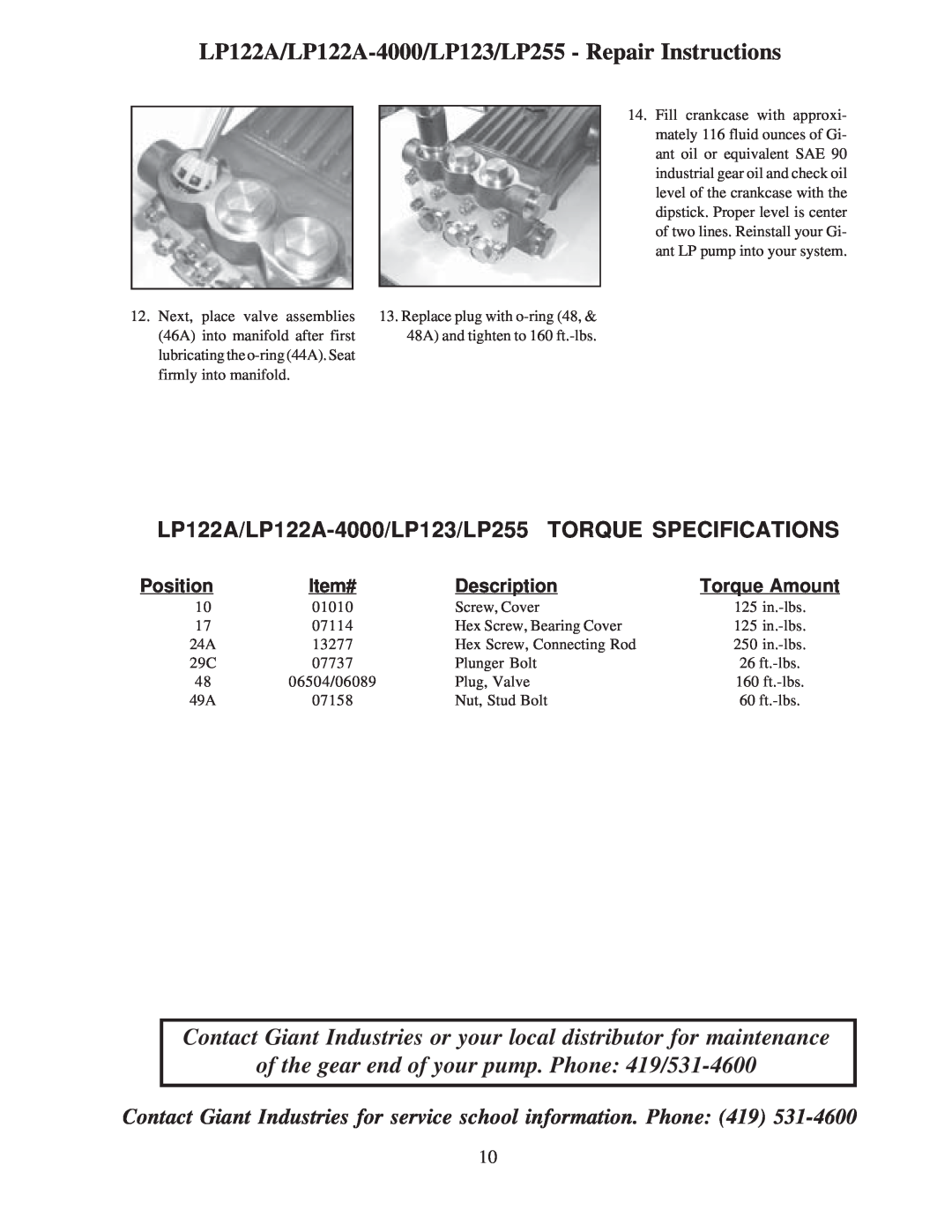 Giant LP122A Position, Item#, Description, Torque Amount, of the gear end of your pump. Phone 419/531-4600 