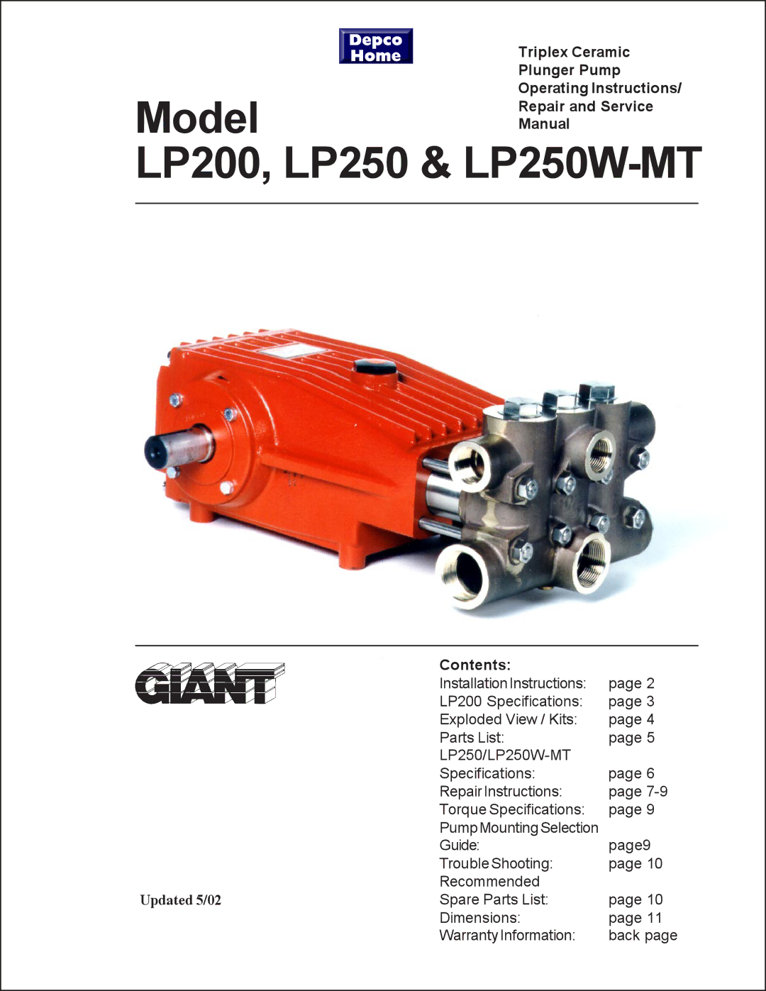 Giant LP200, LP250W-MT service manual Contents, Updated 5/02 