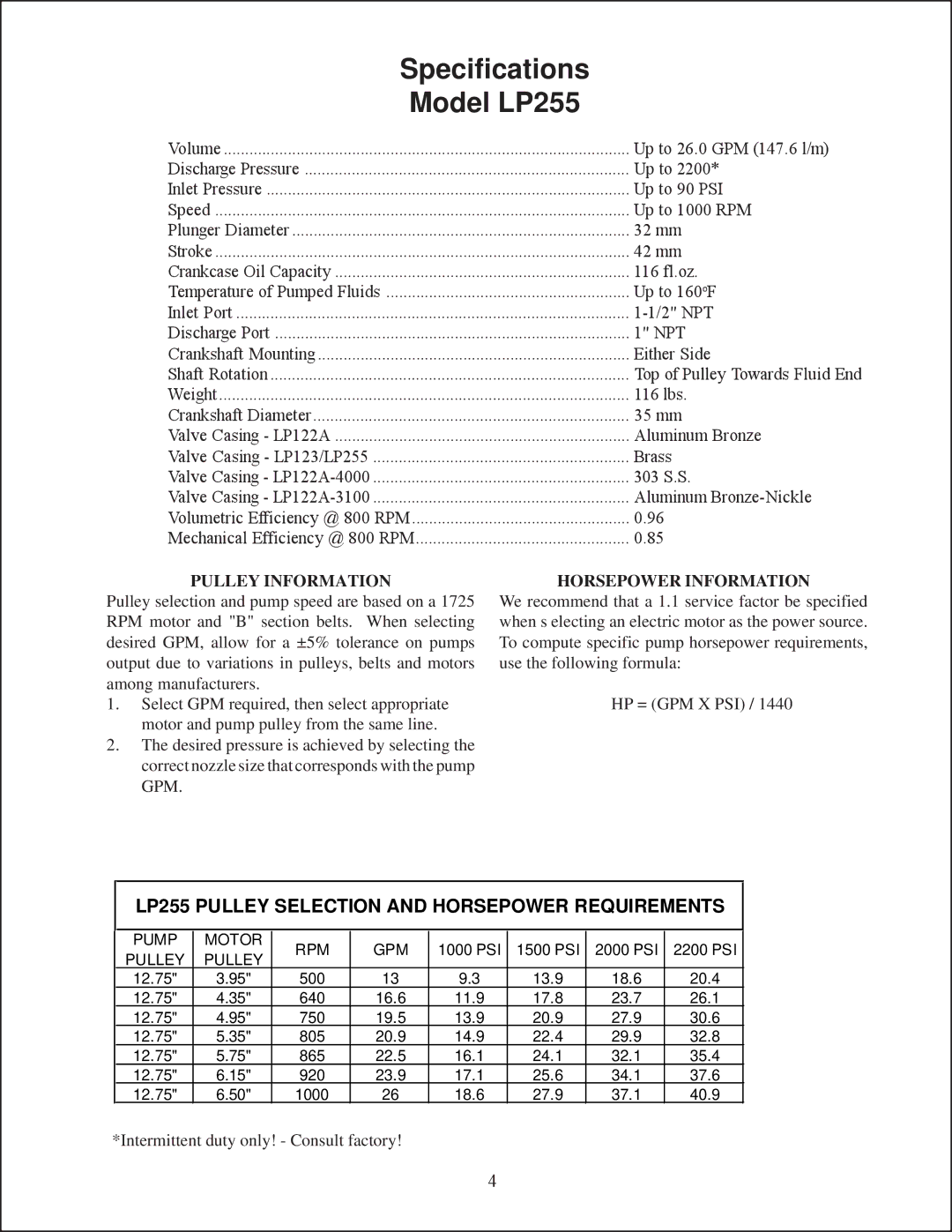 Giant LP122A-3100, LP255 Series, LP123 Series, LP122A-4000, LP122A Series service manual Specifications Model LP255 