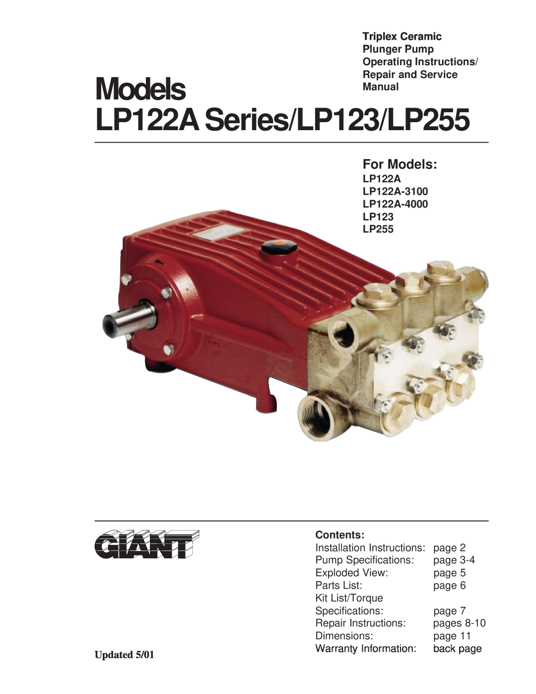 Giant LP123 Series service manual Triplex Ceramic Plunger Pump Operating Instructions, Repair and Service, Contents 