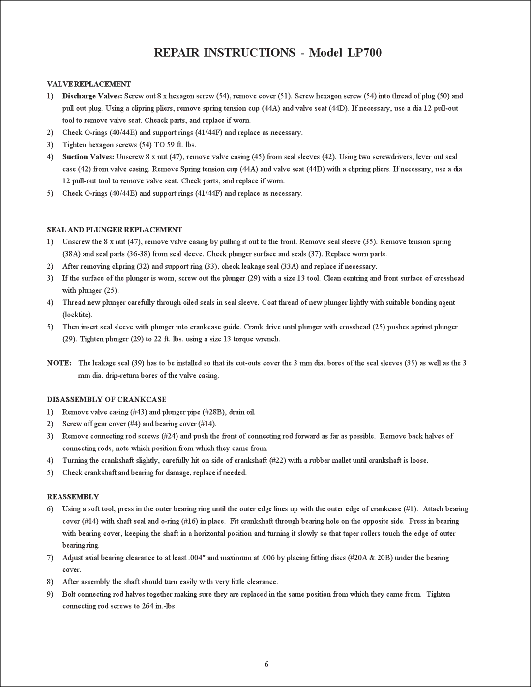 Giant installation instructions Repair Instructions Model LP700, Valve Replacement 