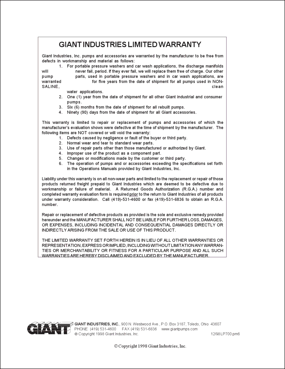 Giant LP700 installation instructions Giant Industries Limited Warranty 