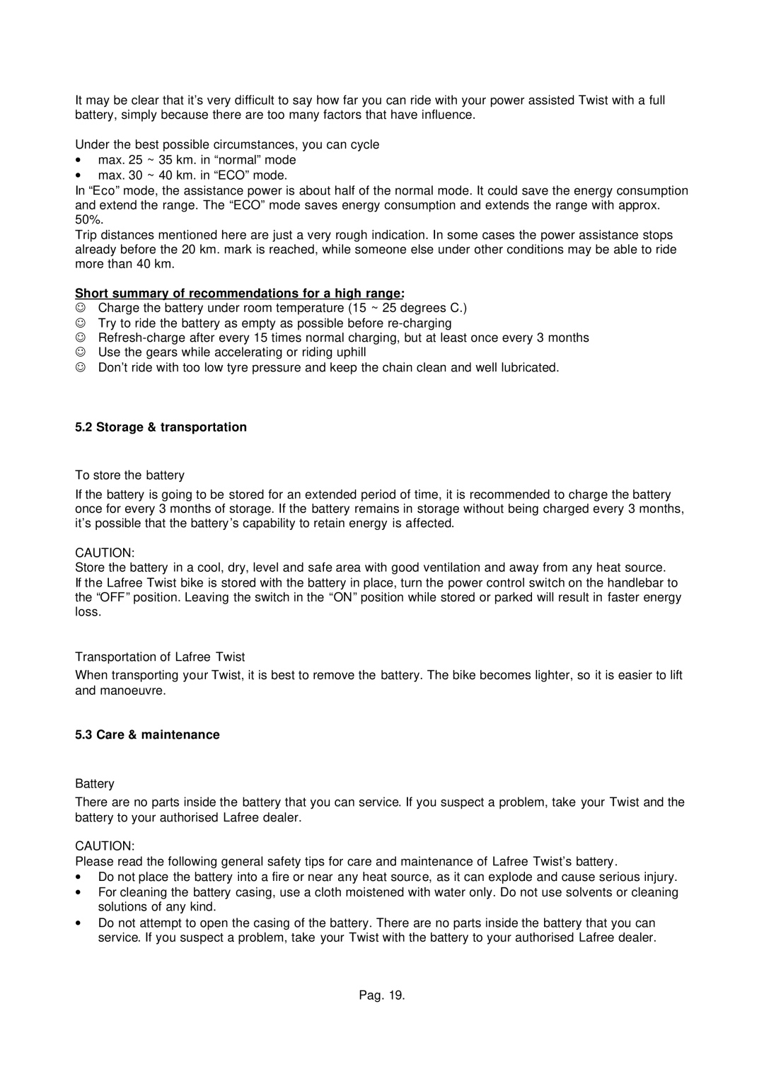 Giant Model Year 2002 Short summary of recommendations for a high range, Storage & transportation, Care & maintenance 