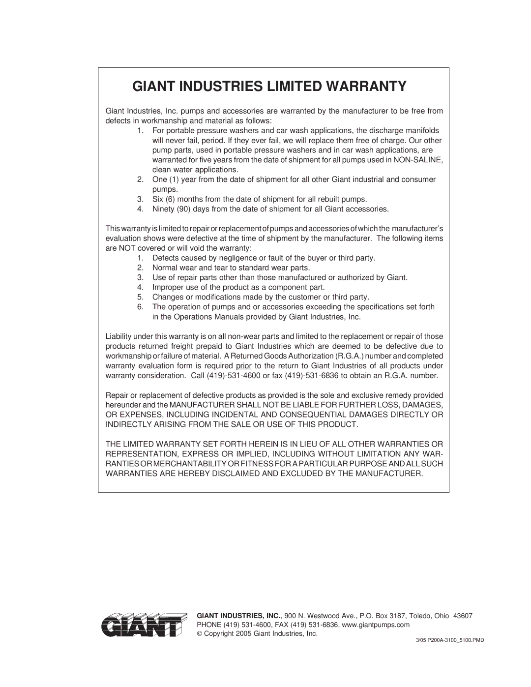 Giant P200A-3100, P200A-5100 installation instructions Giant Industries Limited Warranty 