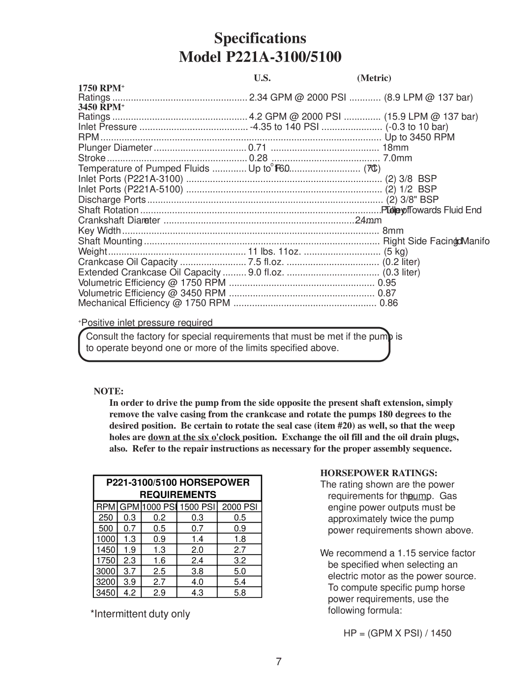 Giant P200A-5100, P200A-3100 installation instructions Specifications Model P221A-3100/5100, Intermittent duty only 