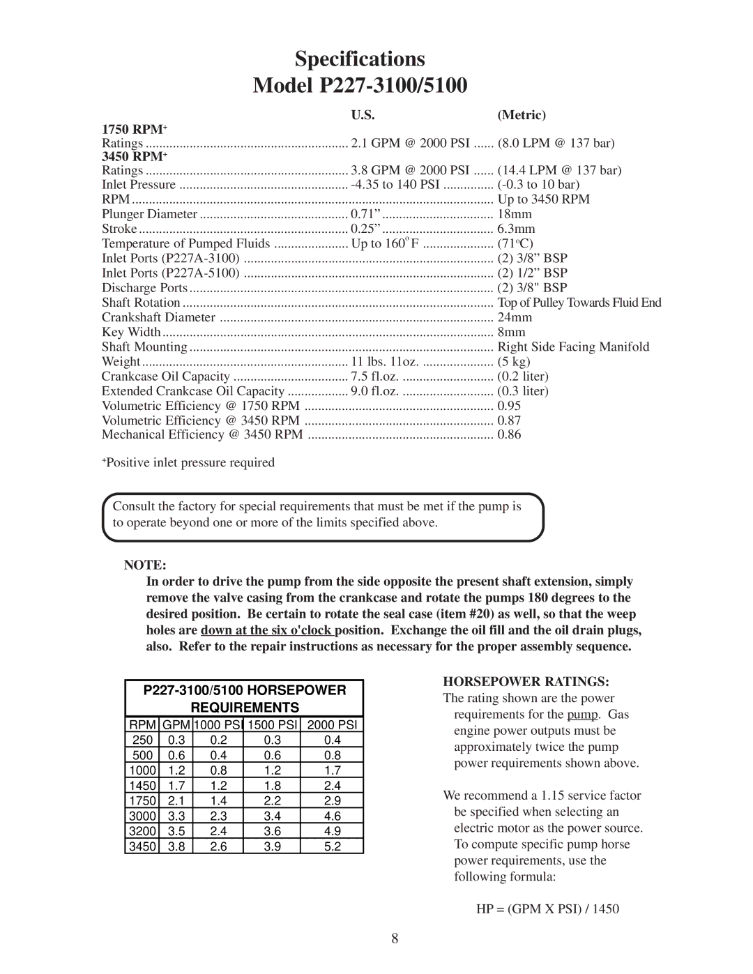 Giant P200A-3100, P200A-5100 installation instructions Specifications Model P227-3100/5100 