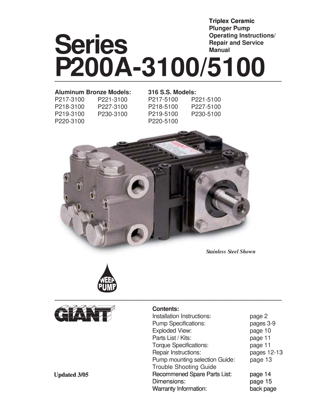 Giant P200A-5100 installation instructions Triplex Ceramic Plunger Pump, Operating Instructions Series Repair and Service 