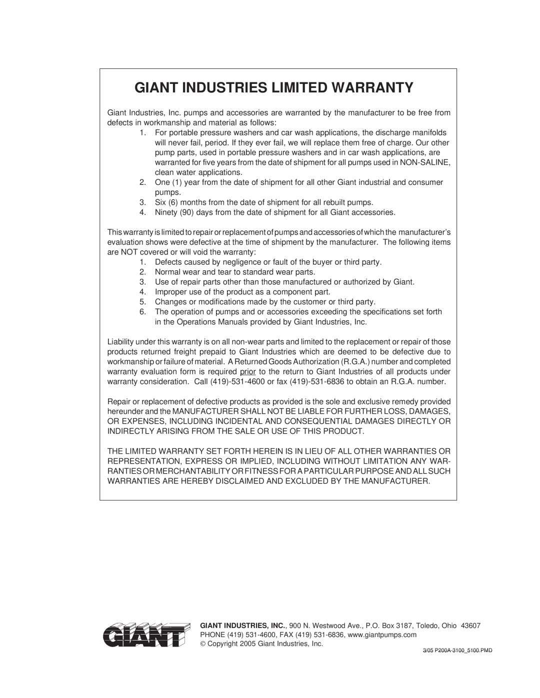 Giant P200A-3100, P200A-5100 installation instructions Giant Industries Limited Warranty 