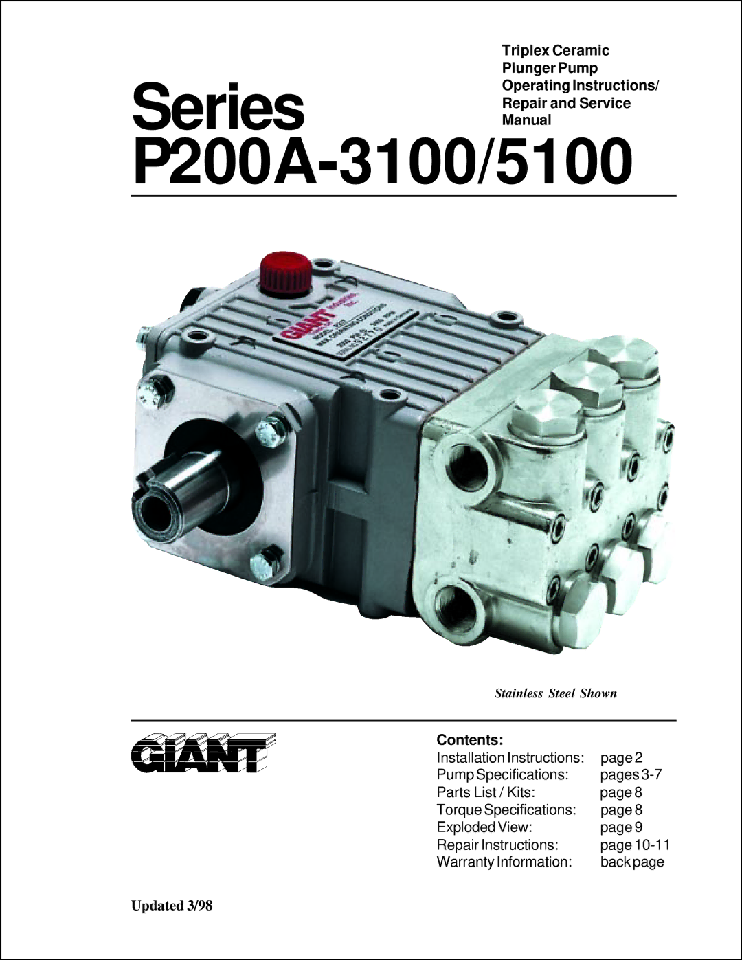 Giant Tripex Ceramic Plunger Pump installation instructions P200A-3100/5100, Contents 