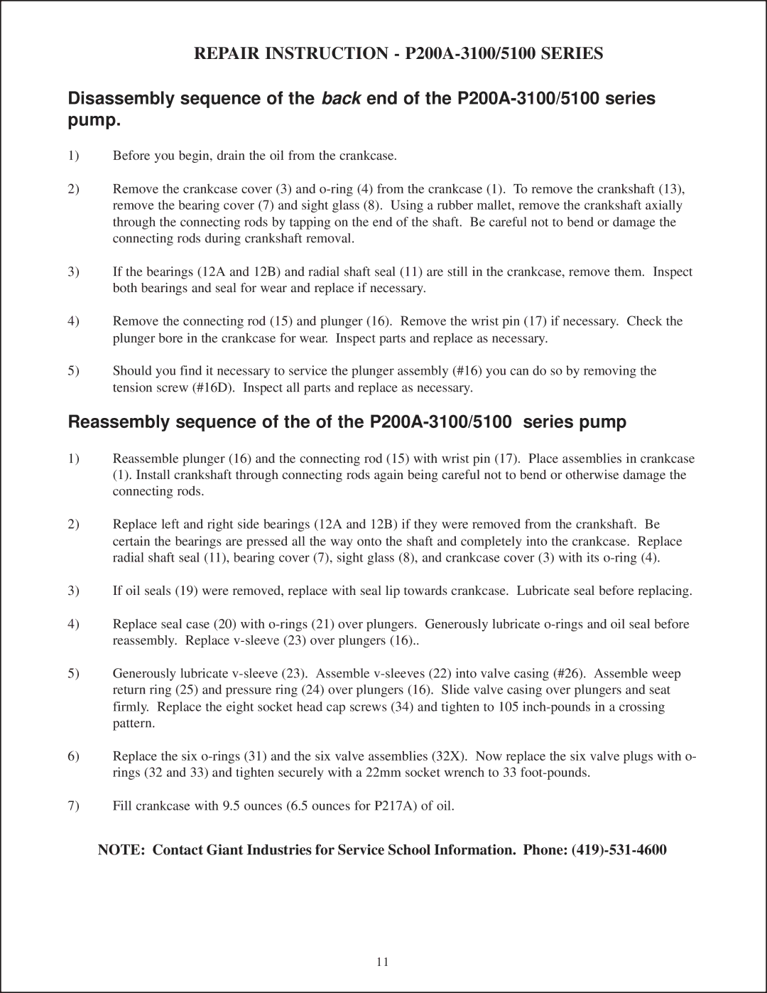 Giant Tripex Ceramic Plunger Pump installation instructions Repair Instruction P200A-3100/5100 Series 