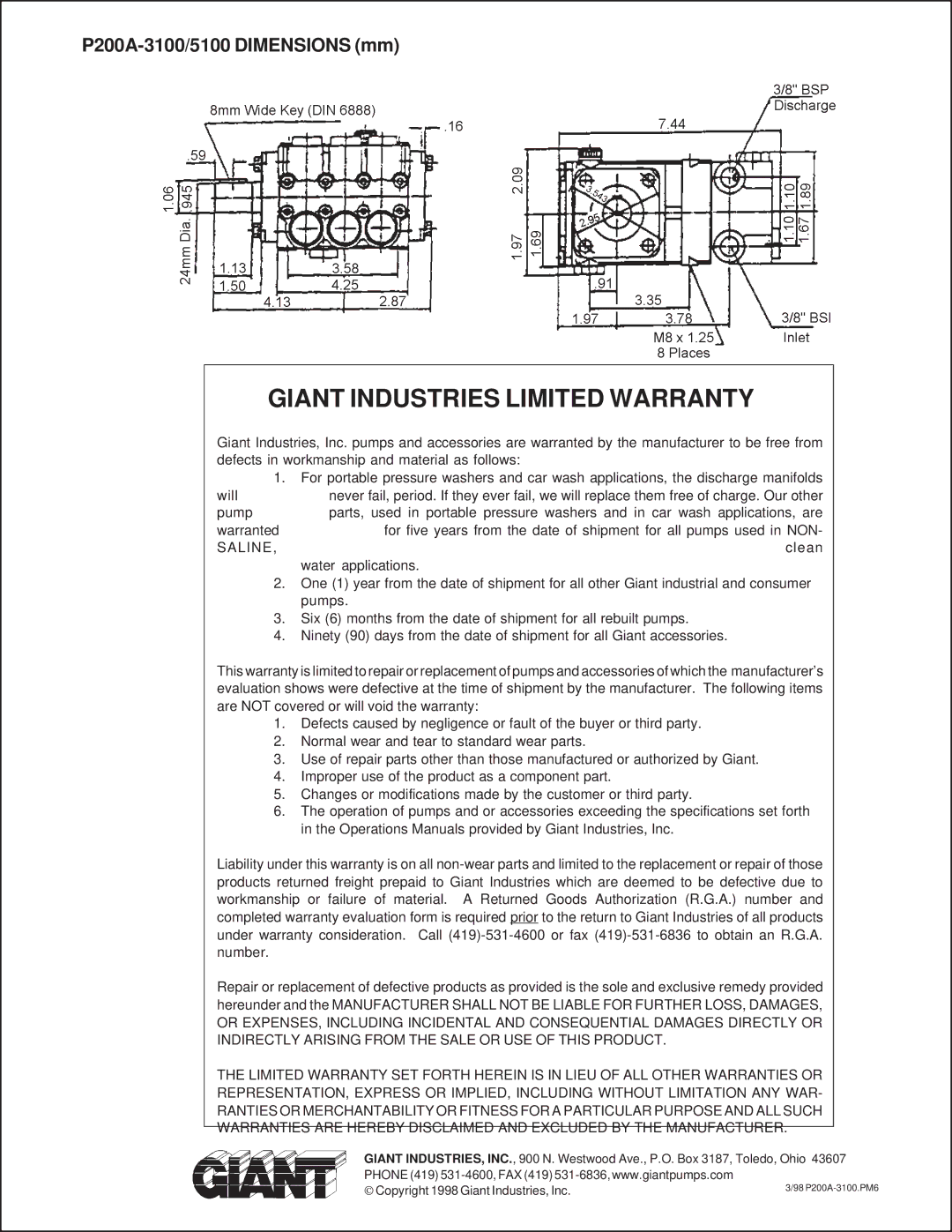 Giant Tripex Ceramic Plunger Pump Giant Industries Limited Warranty, P200A-3100/5100 Dimensions mm 