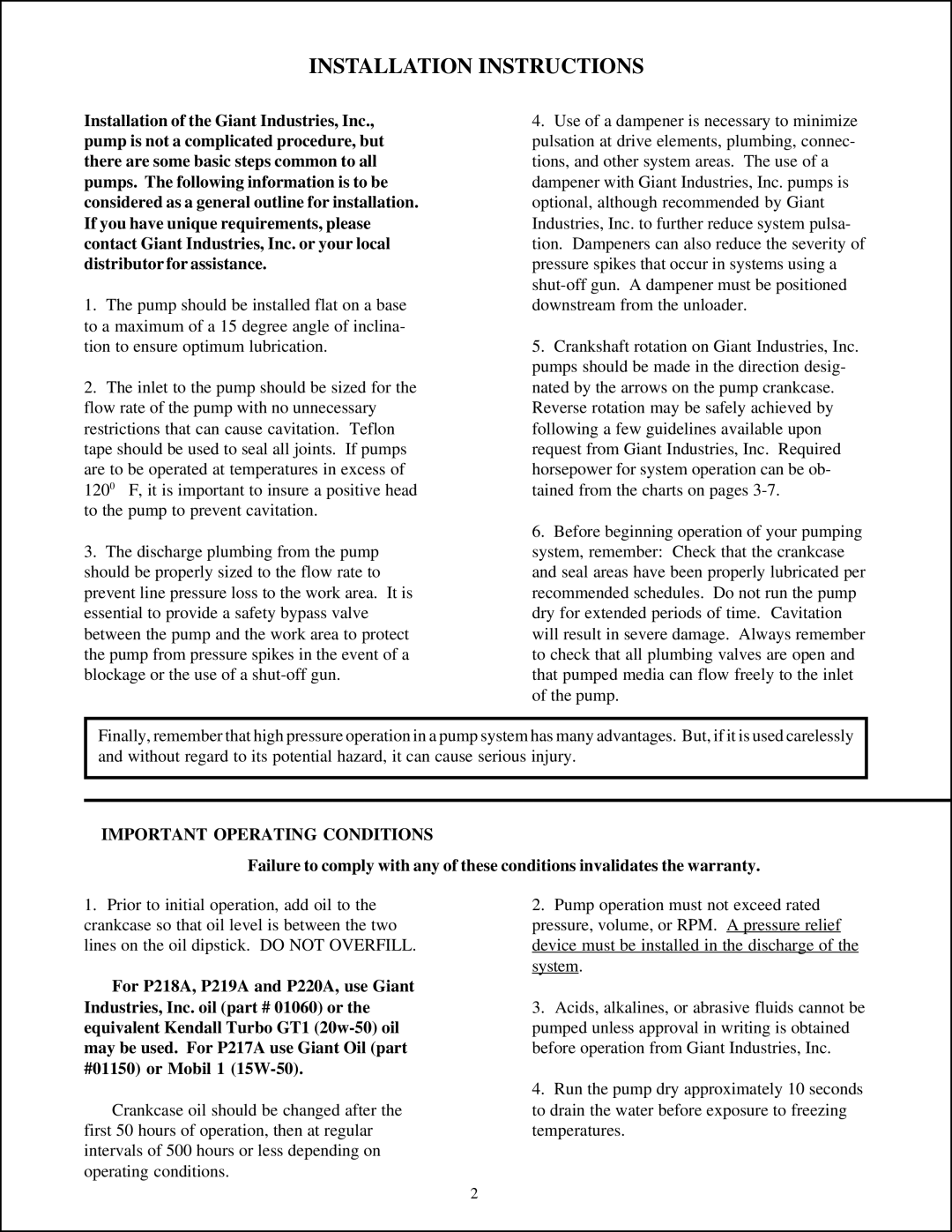 Giant P200A-3100/5100, Tripex Ceramic Plunger Pump installation instructions Installation Instructions 