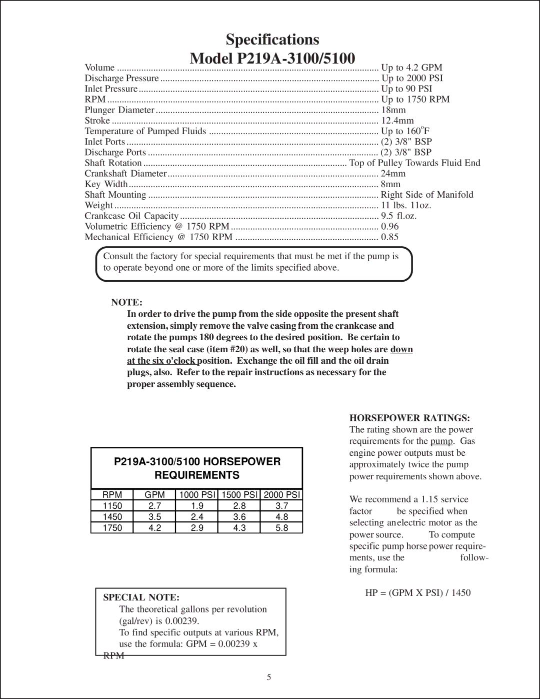 Giant Tripex Ceramic Plunger Pump, P200A-3100/5100 Specifications Model P219A-3100/5100, P219A-3100/5100 Horsepower 