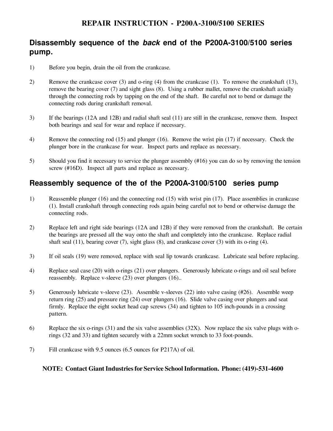 Giant Triplex Ceramic Plunger Pump installation instructions Repair Instruction P200A-3100/5100 Series 