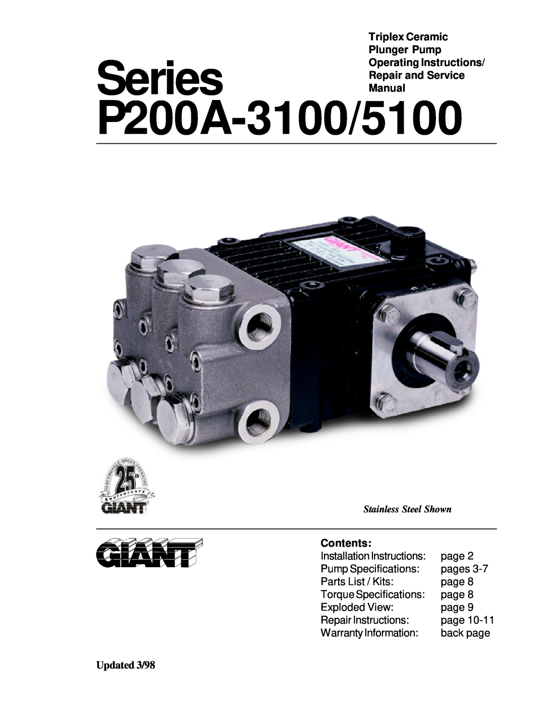 Giant Triplex Ceramic Plunger Pump installation instructions P200A-3100/5100, Manual, Contents, Updated 3/98 