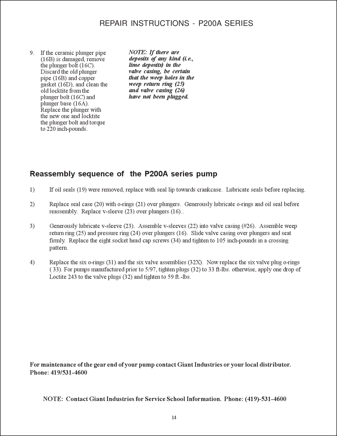 Giant operating instructions Reassembly sequence of the P200A series pump 