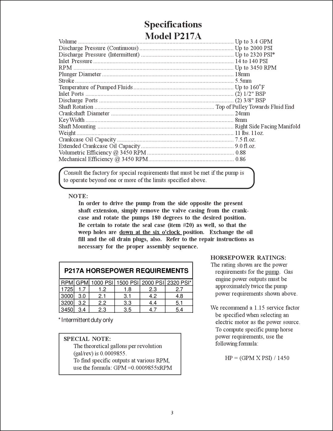 Giant P200A operating instructions Specifications, Model P217A, P217A Horsepower Requirements 