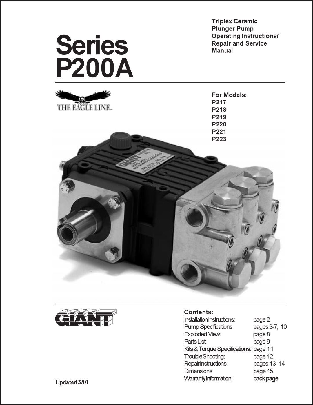 Giant P200A operating instructions Triplex Ceramic Plunger Pump, For Models P217 P218 P219 P220 P221 P223, Contents 