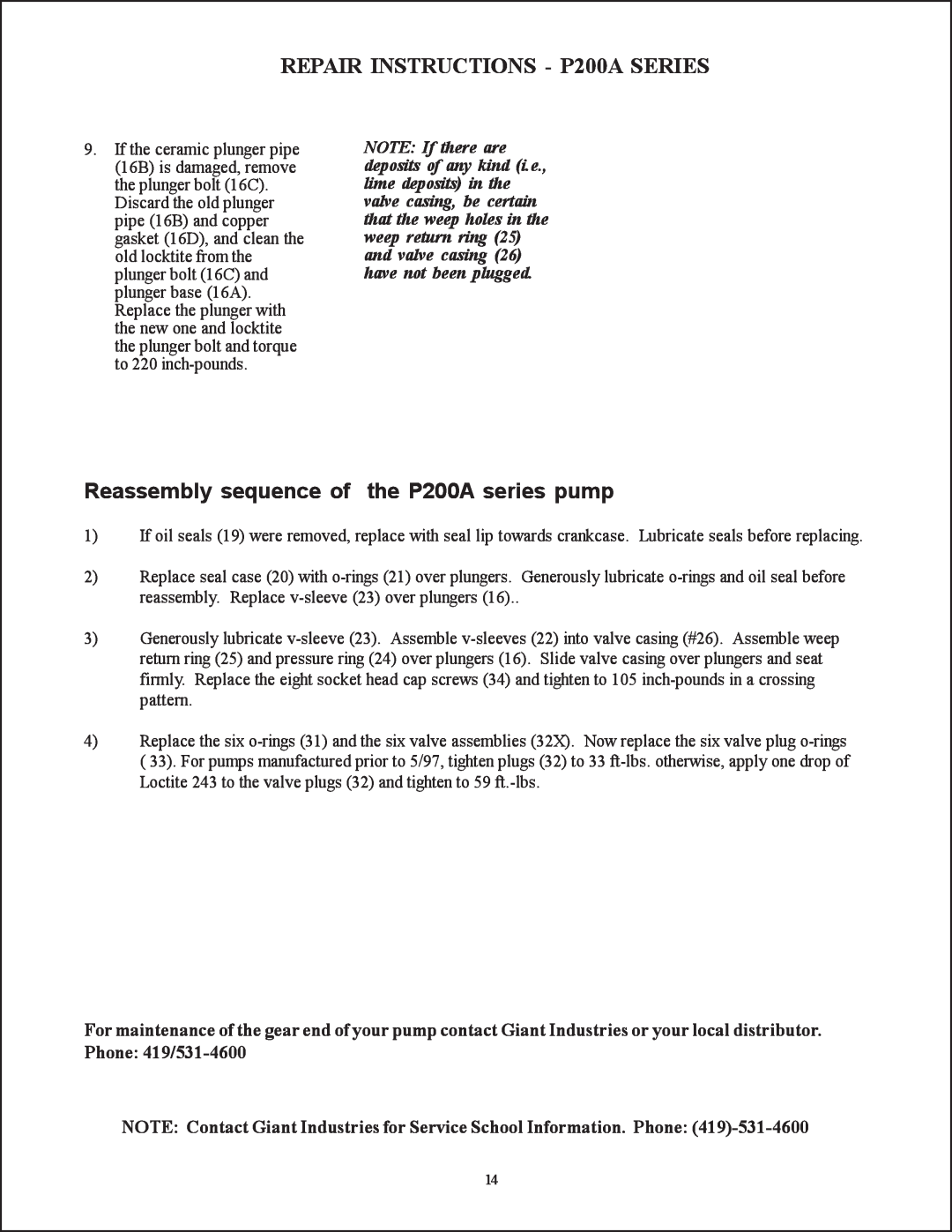 Giant operating instructions Reassembly sequence of the P200A series pump, REPAIR INSTRUCTIONS - P200A SERIES 