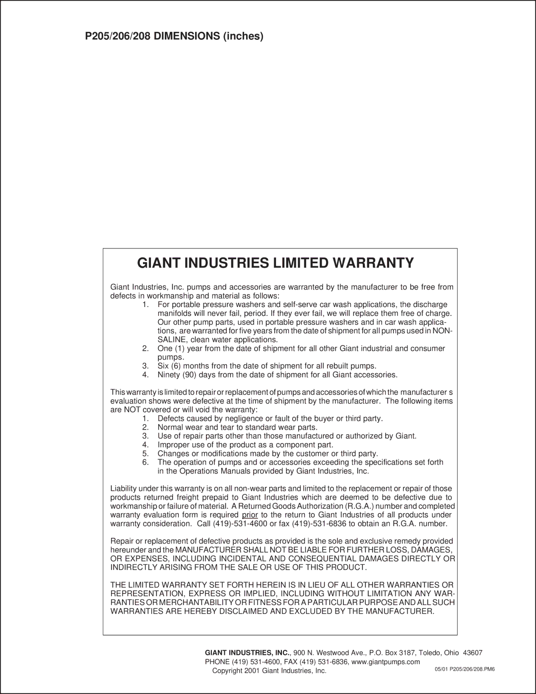 Giant P206, P205, P208 installation instructions Giant Industries Limited Warranty 