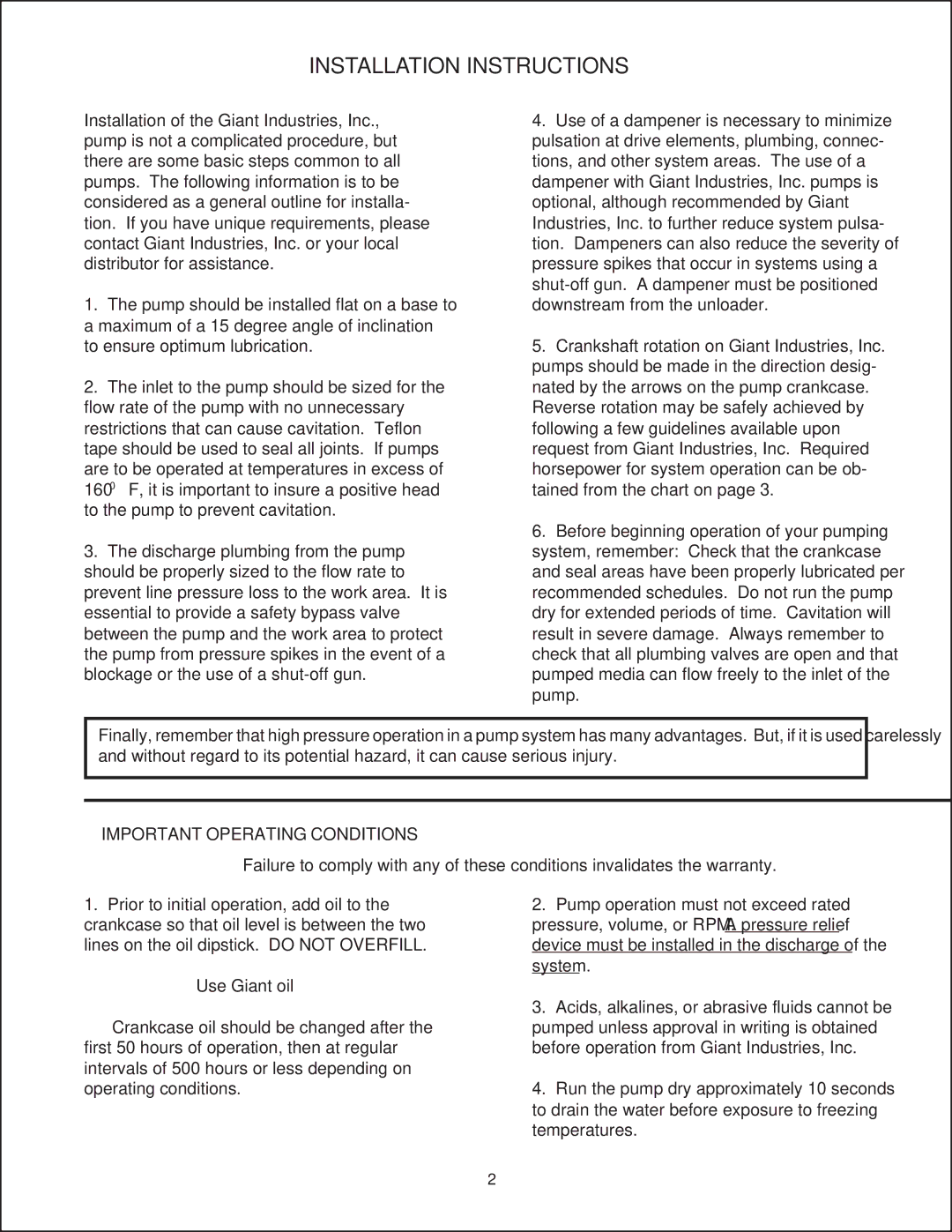 Giant P206, P205, P208 installation instructions Installation Instructions, Use Giant oil 