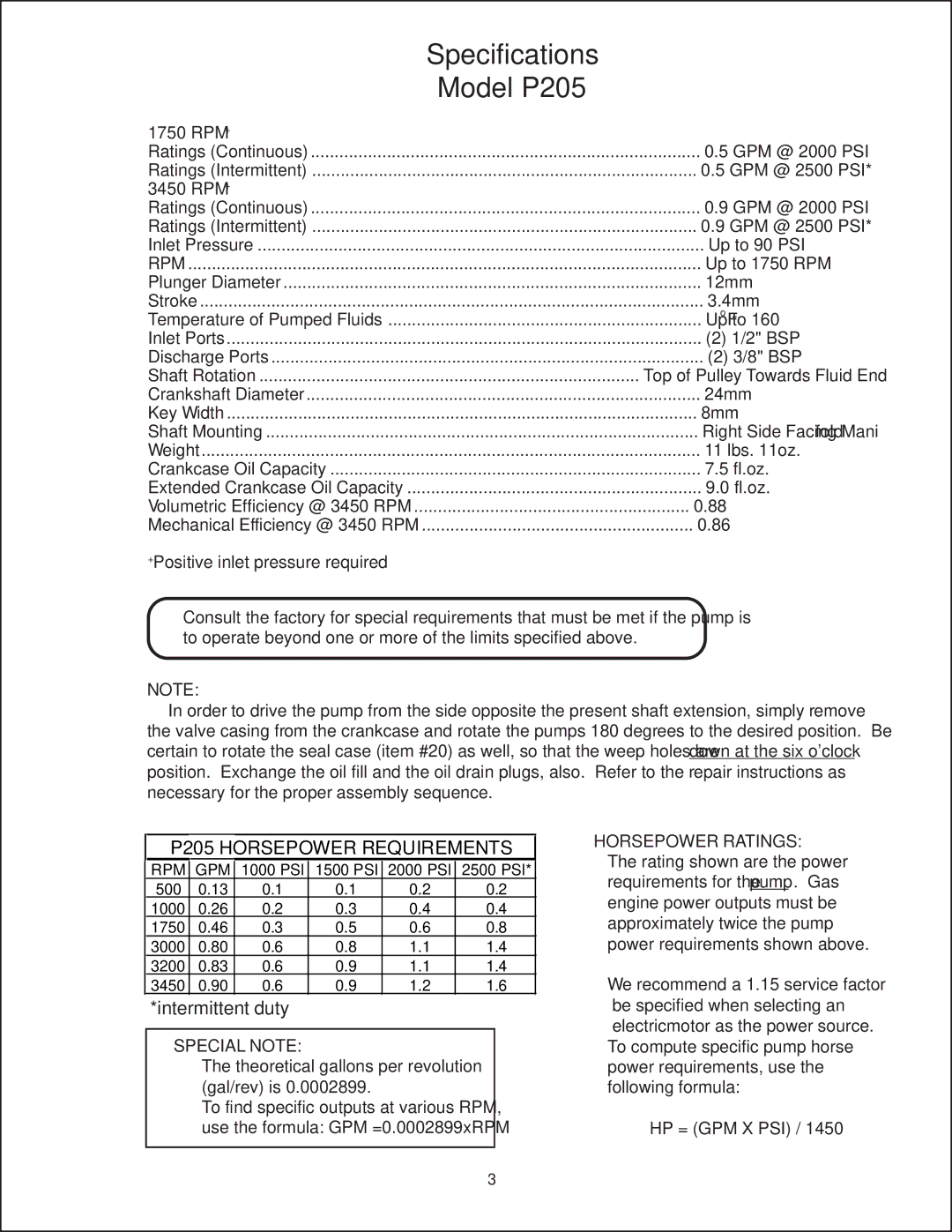 Giant P208, P206 installation instructions Specifications, Model P205, P205 Horsepower Requirements, Rpm + 