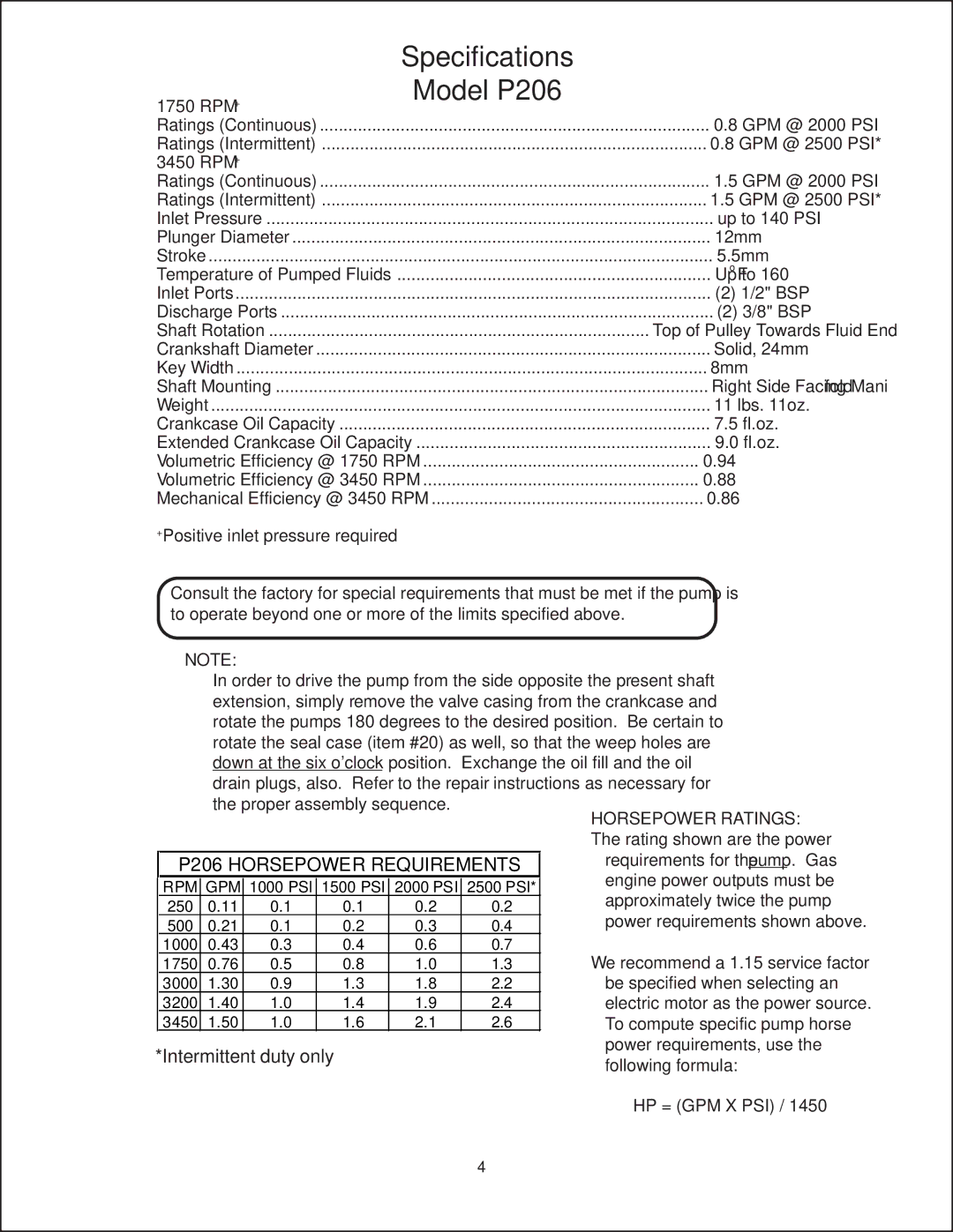 Giant P208, P205 installation instructions Specifications Model P206, P206 Horsepower Requirements, 1750 RPM+, 3450 RPM+ 