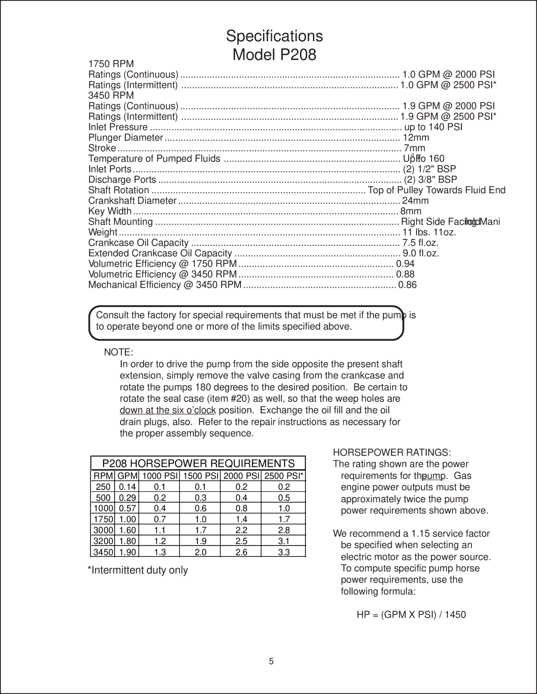 Giant P206, P205 installation instructions Specifications Model P208, P208 Horsepower Requirements, 1750 RPM, 3450 RPM 