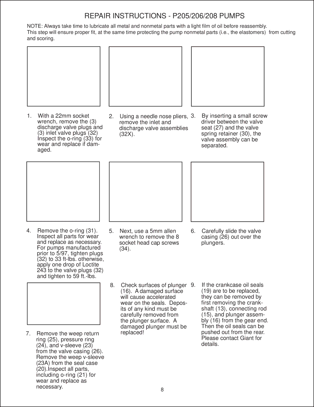 Giant P206, P208 installation instructions Repair Instructions P205/206/208 Pumps 