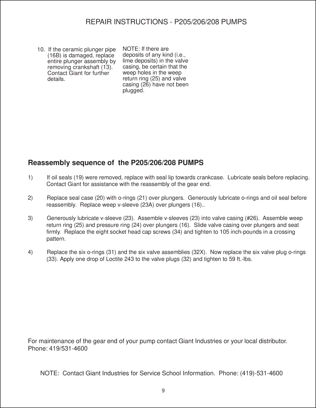 Giant P208, P206 installation instructions Reassembly sequence of the P205/206/208 Pumps 