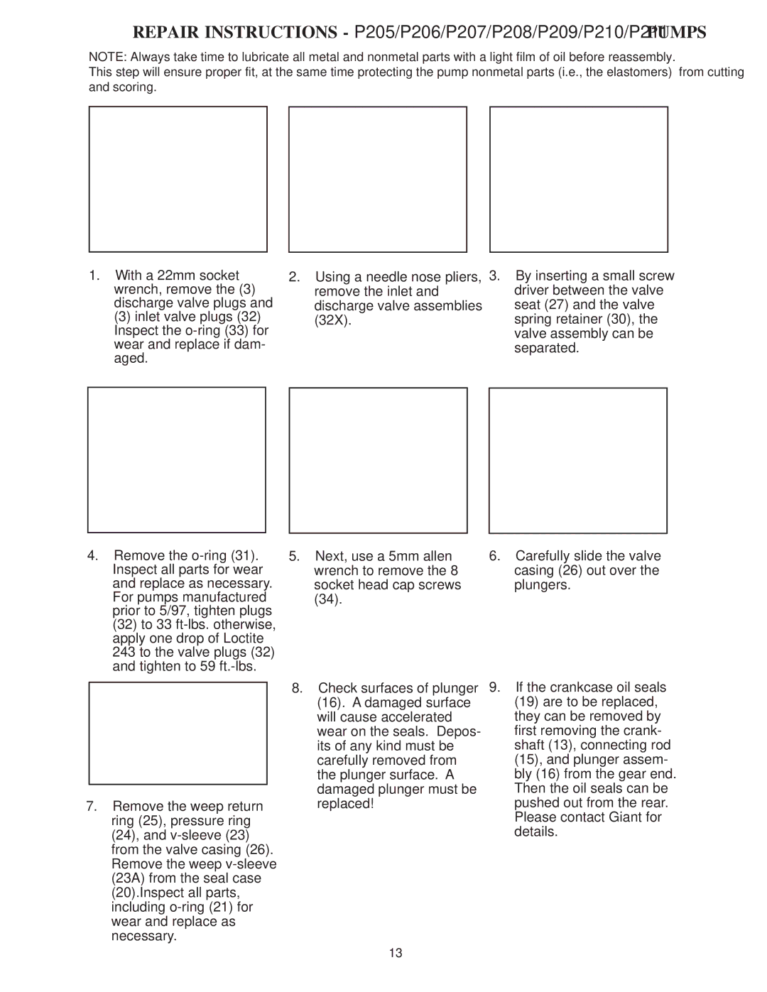 Giant installation instructions Repair Instructions P205/P206/P207/P208/P209/P210/P211 Pumps 