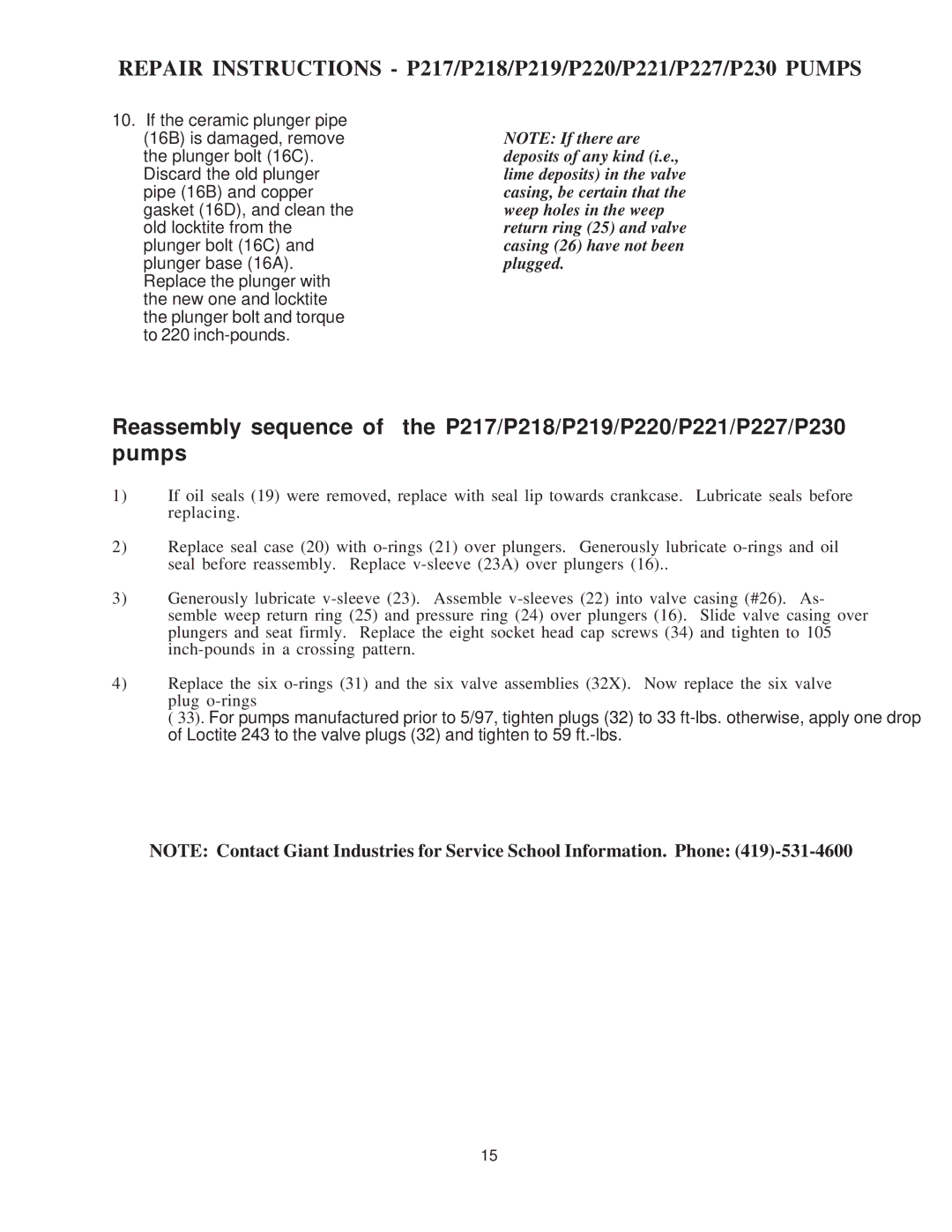 Giant service manual Repair Instructions P217/P218/P219/P220/P221/P227/P230 Pumps 