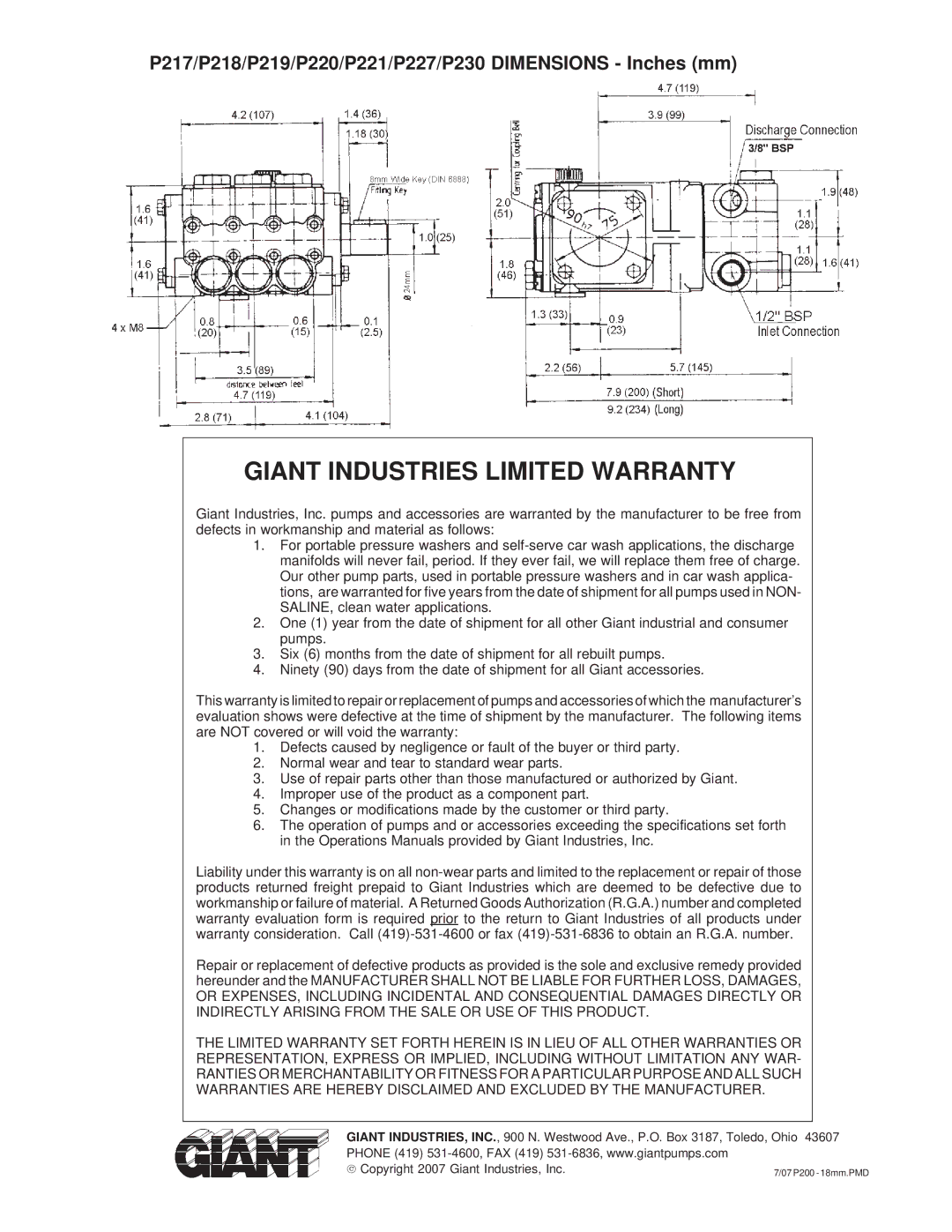 Giant P218, P219, P220, P217, P221, P230, P227 service manual Giant Industries Limited Warranty 