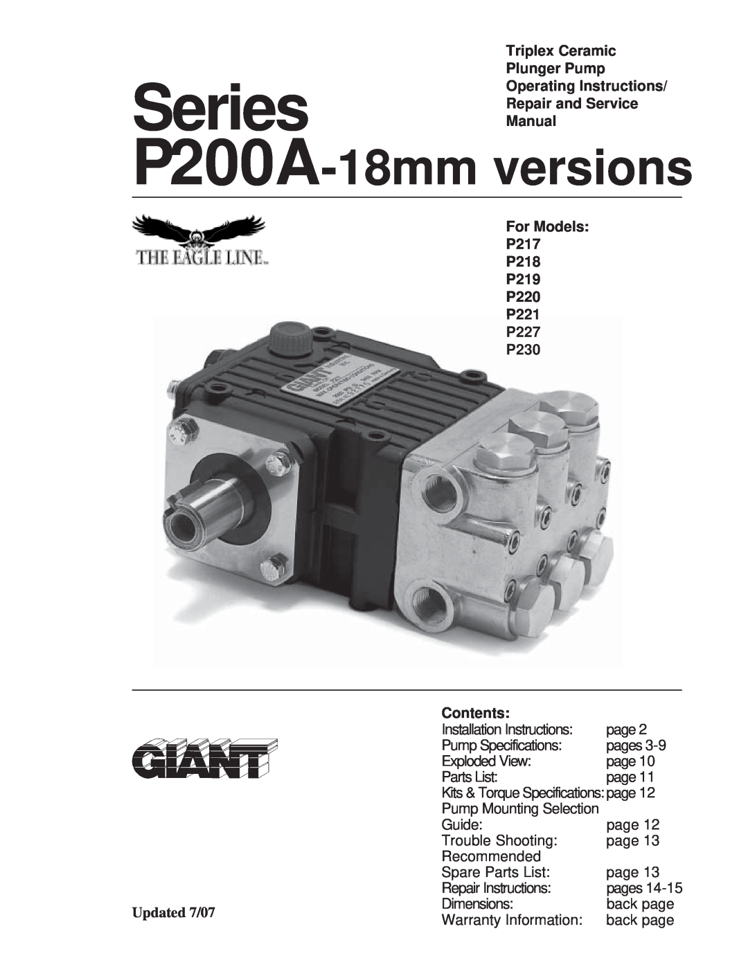 Giant P220, P219 service manual Updated 6/00, Triplex Ceramic Plunger Pump Operating Instructions, Contents, Series P200A 